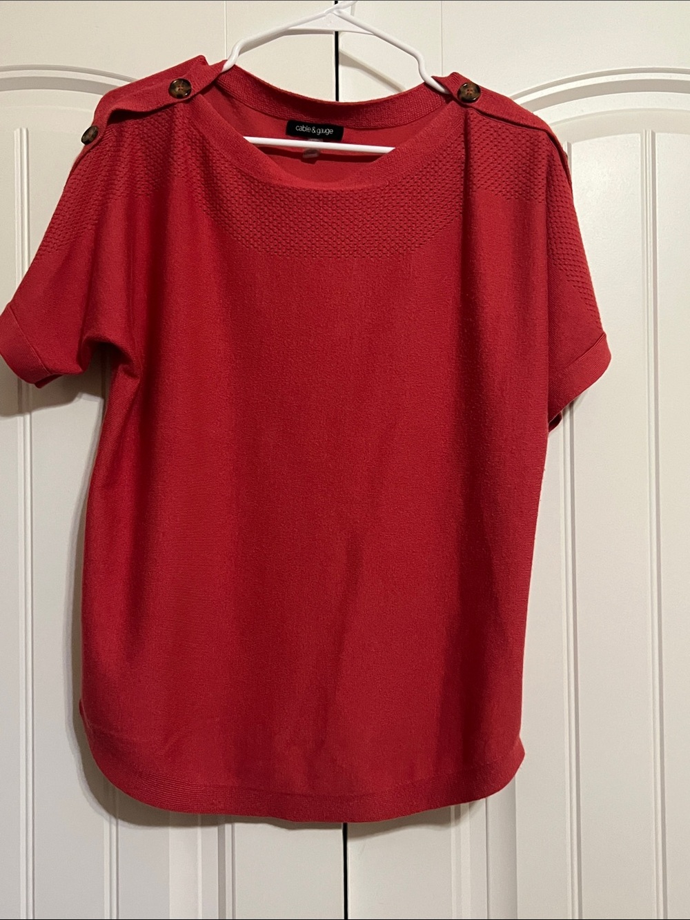 Cable & Gauge Red Short-Sleeve Knit Top with Button Shoulder